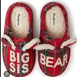 Dearfoams Kids Big Sis Bear Slippers in Red Plaid Toddler Size 9-10 NEW
